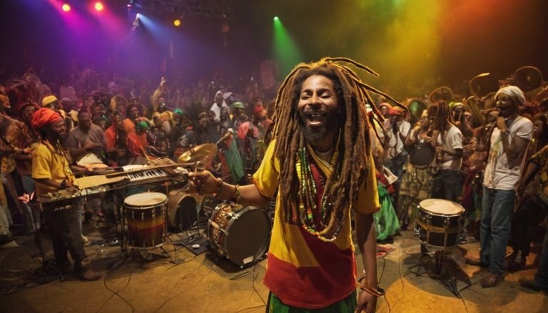 A-vibrant-and-colorful-scene-of-a-reggae-concert--filled-with-the-rhythmic-energy-of-the-music-and-the-joyous-spirit-of-the-audience--In-the-foreground--a-group-of-musicians-are-gathered-around-their--3